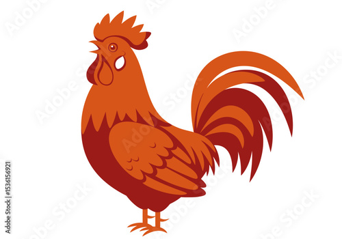 An orange and dark orange rooster stands facing left crowing