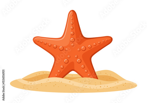 An orange starfish rests upon tan sand