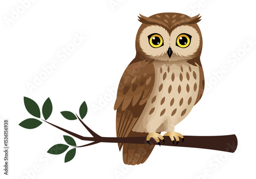 An owl perched on a leafy branch with distinctive yellow eyes and detailed plumage