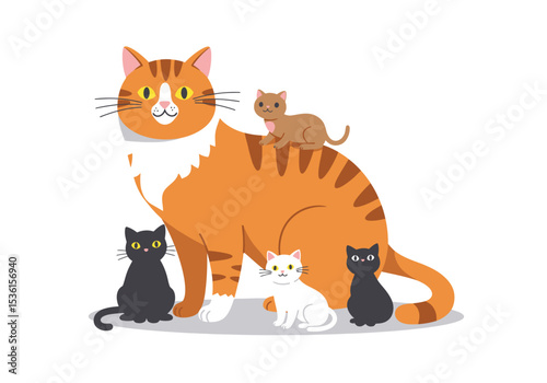 An orange tabby cat surrounded by four smaller cats one riding on its back