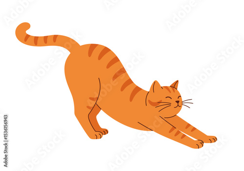 An orange tabby cat arches its back stretching its front legs forward with a closedeyes smile