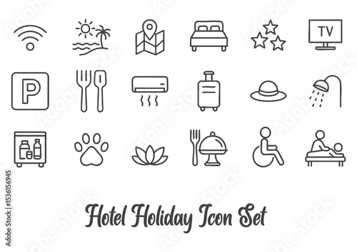 Hotel and accommodation icon set. Thin line editable stroke icons for motels, hotels, travel services, guest rooms, hospitality, vacation stays, resort facilities, tourist lodging, booking agents