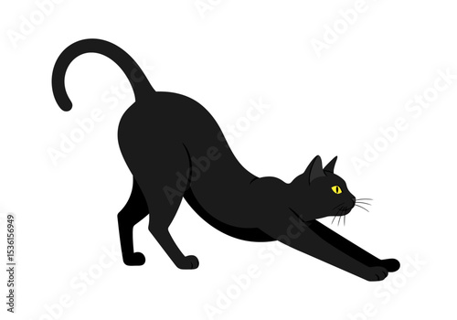 Black cat stretching with tail curled and yellow eyes on white