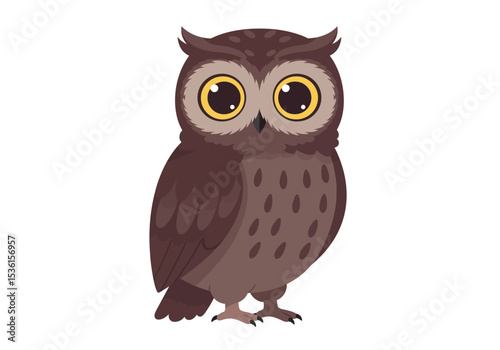 An owl with large yellow eyes and brown feathers stands against a white backdrop