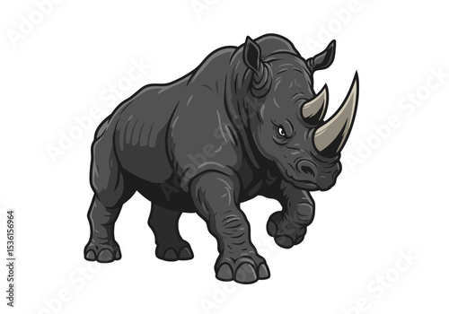 Black rhino forward gray horns aggressive cartoonish style bold outlines
