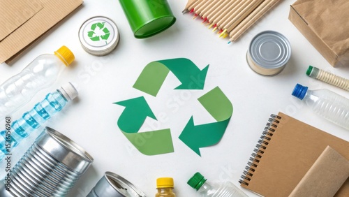 Various recyclable materials like plastic bottles, cans, paper, and colored pencils arranged around a green recycling symbol on a white surface.