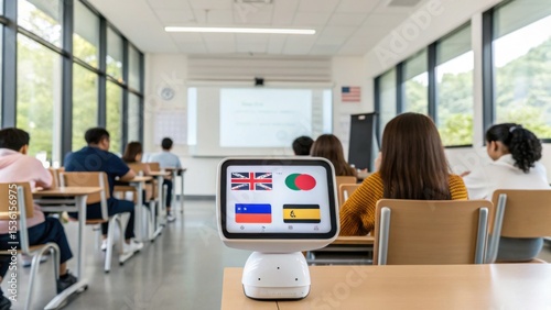 A classroom with students facing a whiteboard features a small robot displaying flags on its screen, blending education and technology.