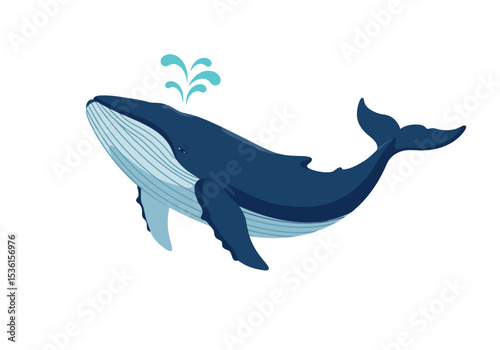 Blue whale blowing water side view with curved lines on its lower jaw and lighter underside