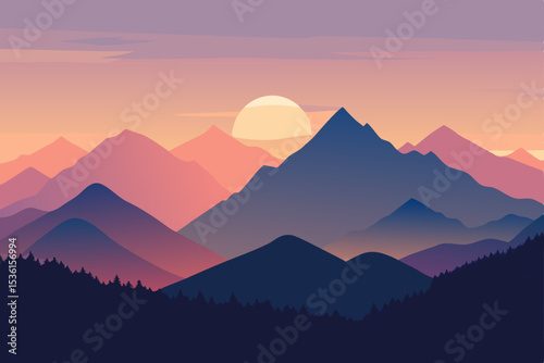 pastel mountain sunrise with layered silhouettes 