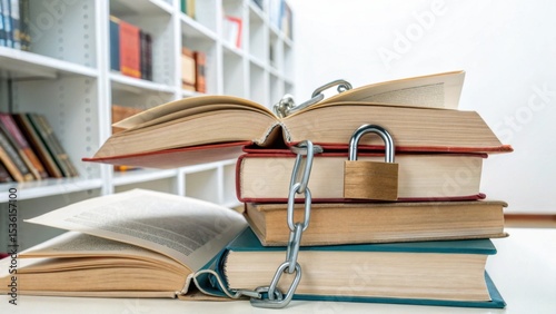 A stack of books secured with a chain and padlock symbolizing restricted access or protection of knowledge in a library setting.