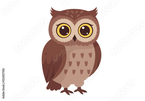 Brown owl with large yellow eyes standing against a white background