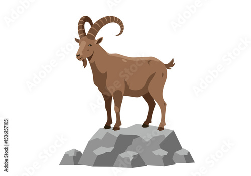 Brown goat with ridged horns standing on a grey rock formation