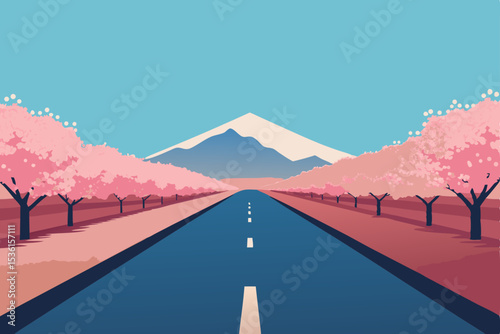 peaceful country road lined with blossoming cherry.svg