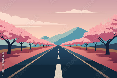 peaceful country road lined with blossoming cherry