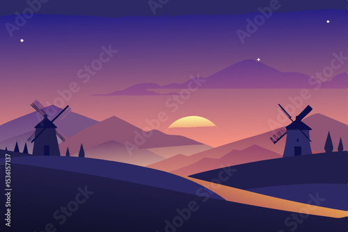 peaceful countryside at dusk with windmills on 