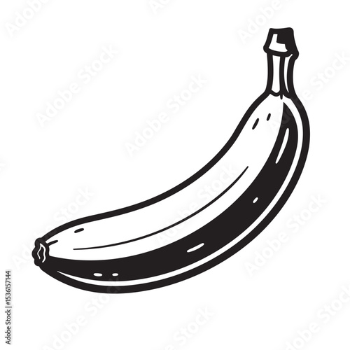 A single ripe banana silhouette in black and white vector art isolated on a white background representing healthy eating