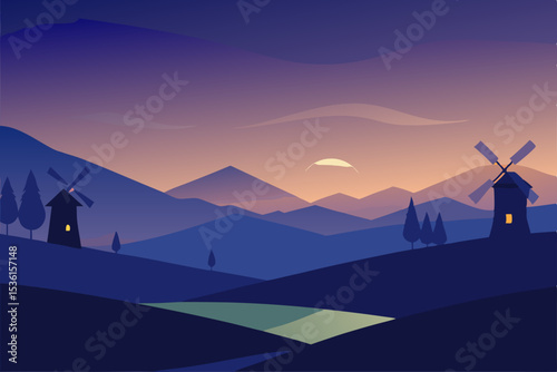 peaceful countryside at dusk with windmills 