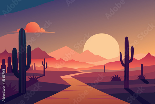 peaceful desert garden at sunset with cacti castin