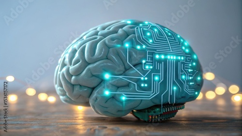 A 3D brain model integrated with digital circuits, symbolizing the fusion of human intelligence and technology.