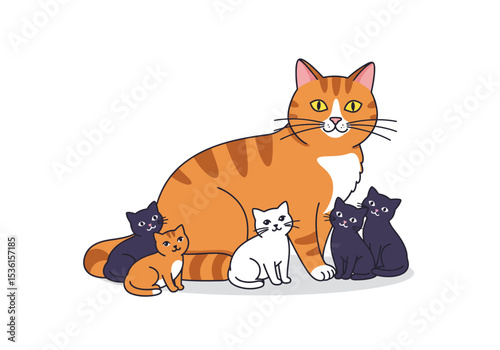 Cartoon depiction of a large orange tabby cat with five kittens of varying colors huddled around it