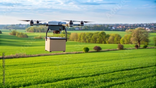 A drone carrying a delivery box flies over green agricultural fields with trees and a distant village under a blue sky.