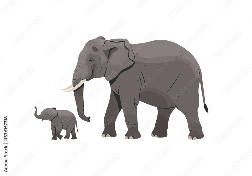 Elephant and baby elephant depicted in gray tones walking sidebyside Elephant and baby elephant depicted in gray tones walking sidebyside