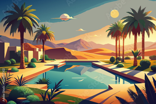 peaceful desert oasis with palm trees and a still  