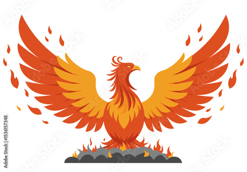 Fiery phoenix rising from ashes with open wings depicted in vibrant shades of orange and yellow surrounded by flames