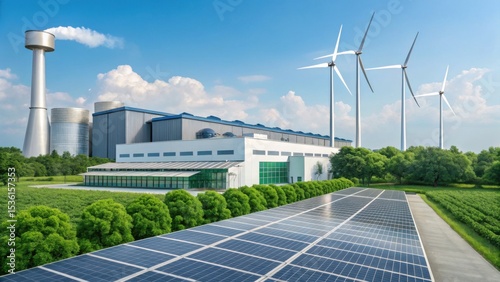 A modern renewable energy facility with solar panels, wind turbines, and green landscaping under a blue sky with scattered clouds.