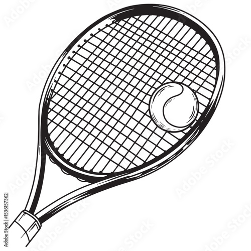 A vintage illustration featuring a detailed silhouette of a tennis racquet and a ball ready for a game of tennis.