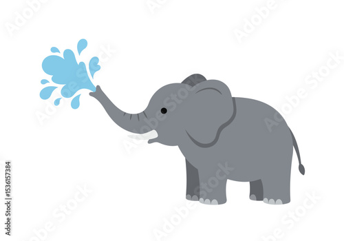 Gray cartoon elephant sprays water from its trunk against a plain white background