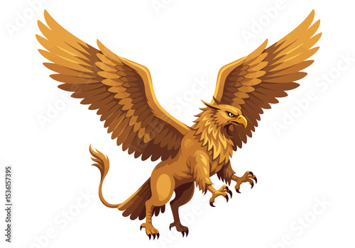 Golden griffin with wings spread claws extended alert expression on a white background