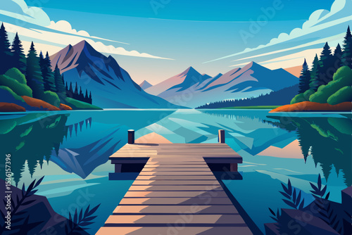 peaceful dock stretching into a quiet alpine lake  