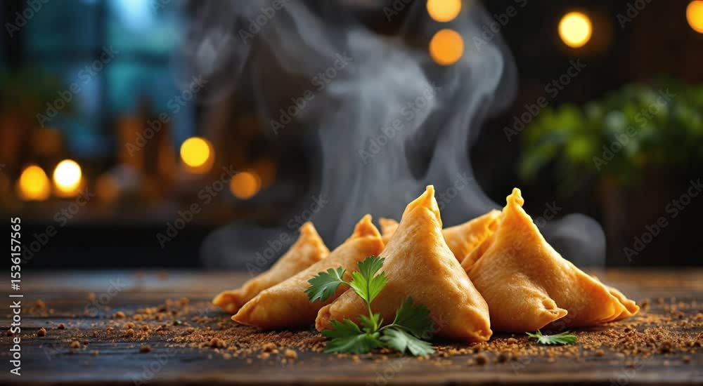 Steaming hot samosas placed on a rustic wooden table with bokeh background