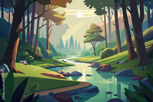 peaceful glade with dappled sunlight and a bubblin