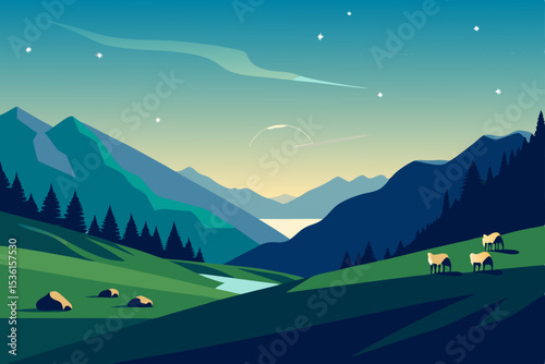 peaceful highland valley with grazing sheep 