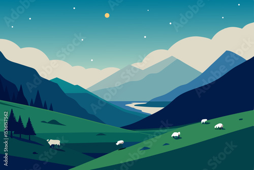 peaceful highland valley with grazing sheep 