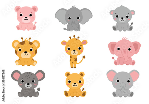 Nine cartoon animals in three rows including elephants giraffes mice and bears