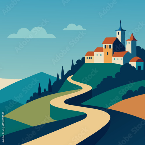 peaceful hilltop village with winding paths 