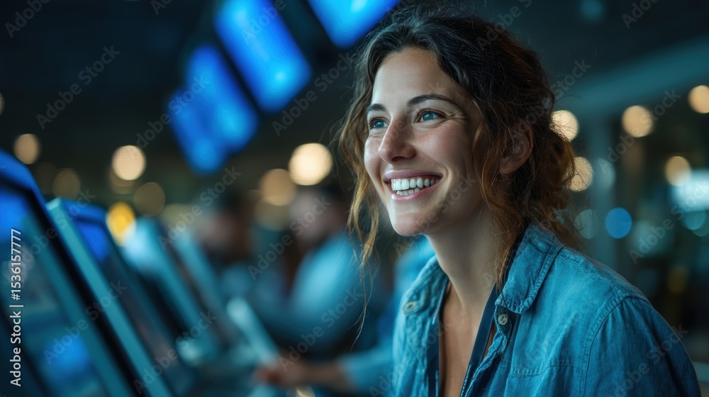 Obraz premium airport check-in woman smiling during airport check-in at self-service kiosk, modern airport check-in experience with happy traveler