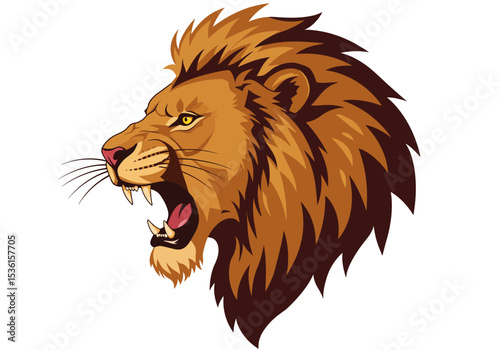 Roaring lion head with a thick mane facing left