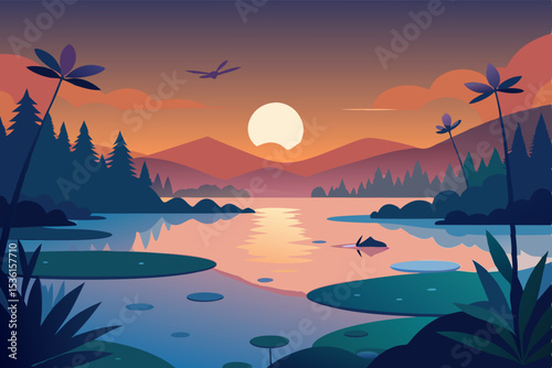 peaceful lagoon with lily pads and dragonflies 