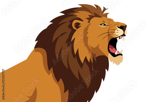 Roaring lion profile mane tan fur open mouth