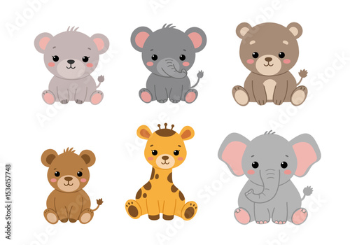 Vector Six cute cartoon animals sitting bear giraffe and elephant
