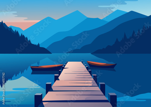 peaceful lakeside dock with rowboats and mountains.svg