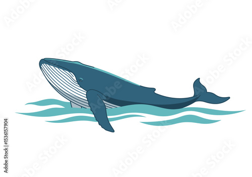 Vector Whale blue with white stripes swimming on wavy water in shades of aqua