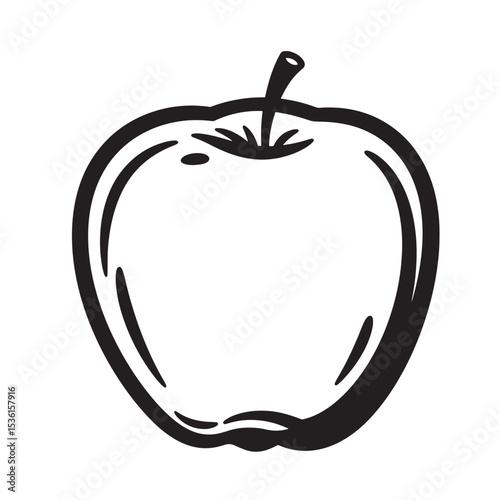 Bold black and white silhouette illustration of a juicy delicious apple featuring a simplistic and modern artistic design.