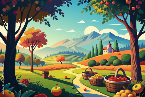 peaceful orchard at harvest time with baskets 