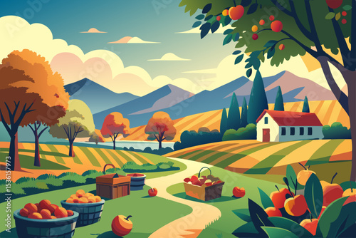 peaceful orchard at harvest time with baskets