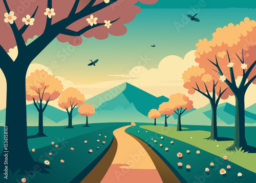 peaceful orchard in springtime with bees and bloss.svg